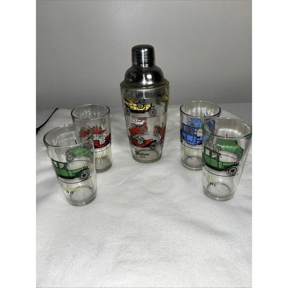 Other - VTG Hazel Atlas Glass Cocktail Shaker & Lid And 4 Glasses Classic Car Designs